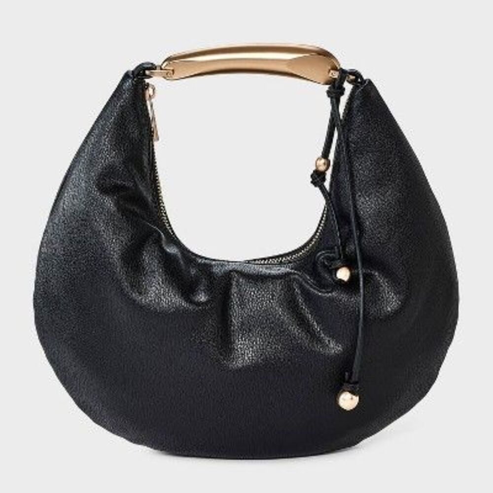 Metal Handle Crescent Saddle Handbag - A New Day Black
